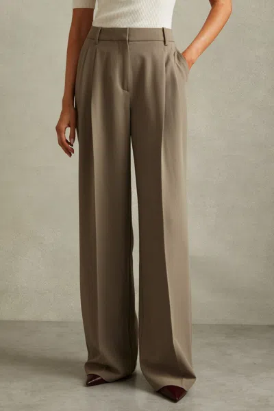 REISS KHAKI MADELYN WIDE LEG FRONT PLEAT SUIT TROUSERS