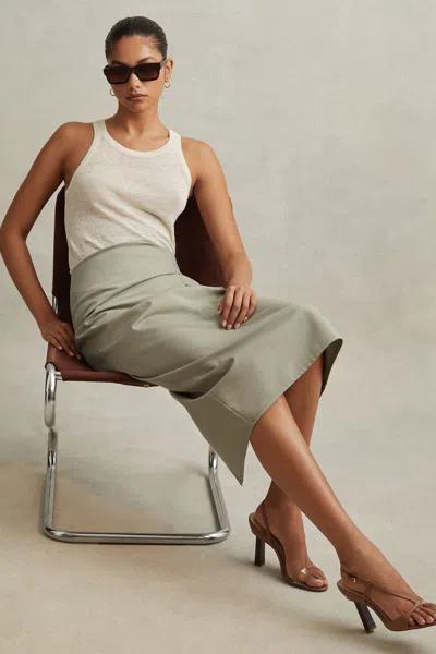 REISS REISS KHAKI NADIA COTTON BLEND WRAP FRONT MIDI SKIRT