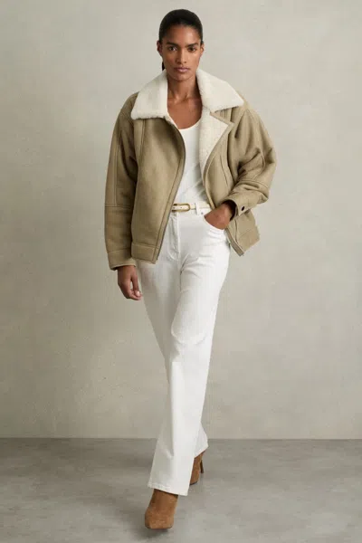 REISS REISS LIGHT GREEN MONA SHEARLING-LINED LEATHER AVIATOR JACKET