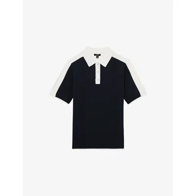REISS MENS NAVY WHITE PENTEL COLOUR-BLOCK KNITTED POLO SHIRT XS