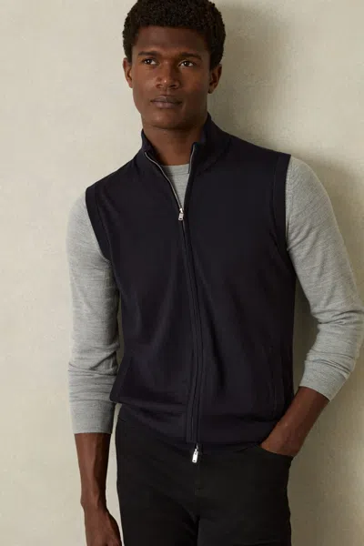 REISS REISS NAVY LEEDS MERINO WOOL ZIP-THROUGH GILET