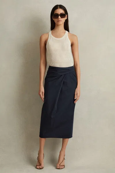 REISS REISS NAVY NADIA COTTON BLEND WRAP FRONT MIDI SKIRT