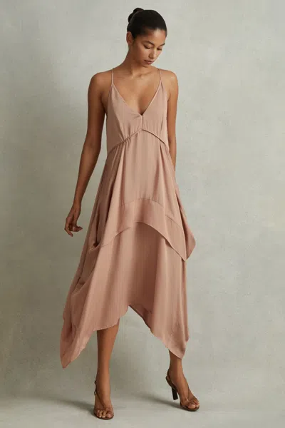 REISS REISS NUDE DEMI VISCOSE SIDE PLEAT ASYMMETRIC MIDI DRESS