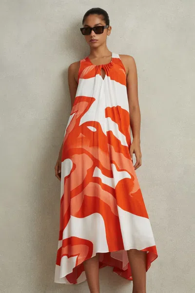 REISS REISS ORANGE/WHITE AVIA PRINTED DIPPED HEM MIDI DRESS