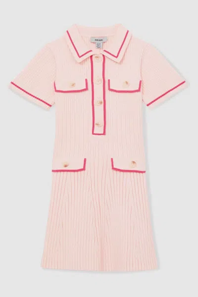 REISS PINK 13-14 YRS RIB-KNIT BUTTON-DOWN DRESS