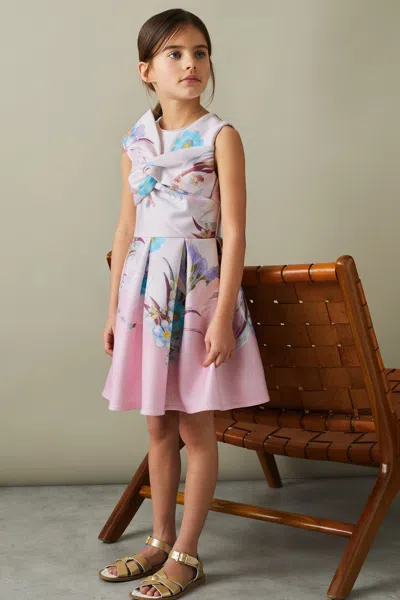 REISS PINK MARTI 4-9 YRS FLORAL SCUBA TWIST FIT-AND-FLARE DRESS