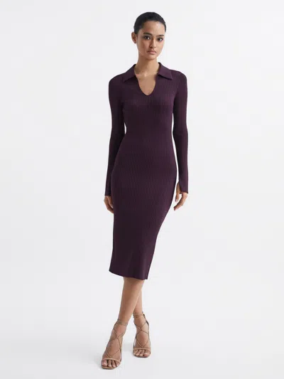 REISS PURPLE COLLARED KNITTED BODYCON DRESS