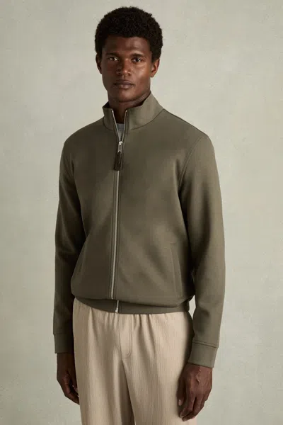 REISS SAGE GREEN ASTON ZIPPED INTERLOCK-JERSEY JACKET