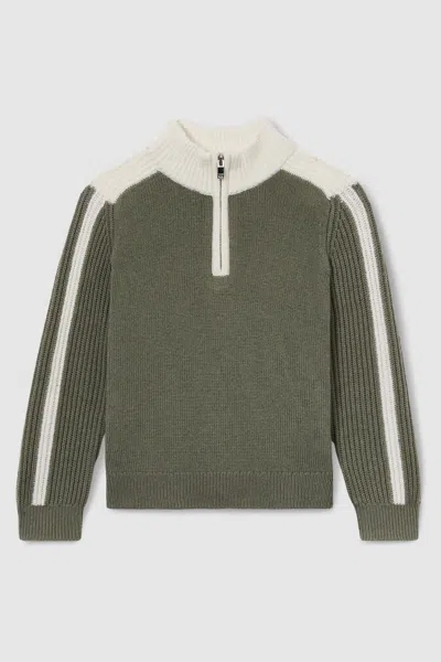 REISS REISS SAGE/WHITE CARNELLIS 3-9 YRS ZIPPED FUNNEL-NECK JUMPER WITH WOOL AND COTTON