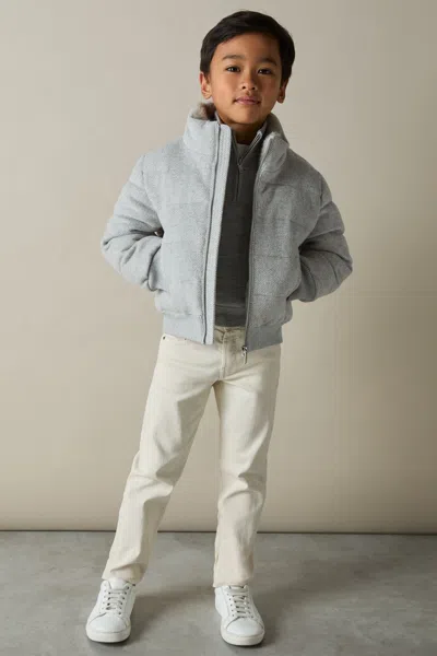 REISS SOFT GREY MELANGE FARID HERRINGBONE FAUX-FUR COLLAR PUFFER JACKET