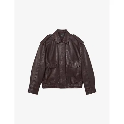REISS WOMENS AUBERGINE PEYTON OVERSIZED LEATHER JACKET