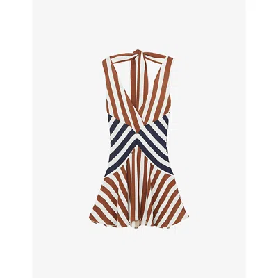 REISS WOMENS BROWN NAVY ESME STRIPED WOVEN MINI DRESS