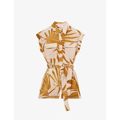 REISS WOMENS NEUTRAL HARRI PALM-PRINT WOVEN PLAYSUIT