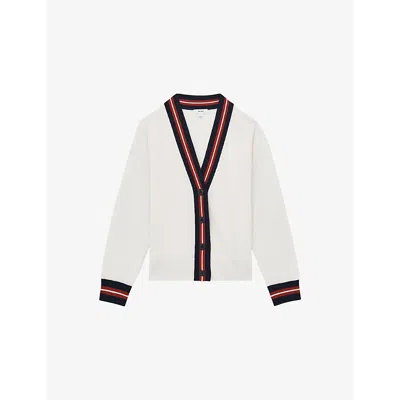 REISS WOMENS WHITE MILA STRIPE-TRIM WOOL AND CASHMERE-BLEND CARDIGAN
