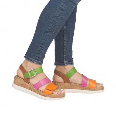 REMONTE GIZELA TRI-COLOR LEATHER WEDGE SANDAL IN ORANGE PINK GREEN