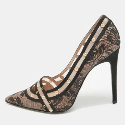 RENÉ CAOVILLA BLACK/PINK LACE STUDDED POINTED TOE PUMPS SIZE 38