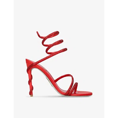 RENÉ CAOVILLA WOMENS RED MARGOT 105 CRYSTAL-EMBELLISHED SATIN HEELED SANDALS EUR 37 / 4 UK