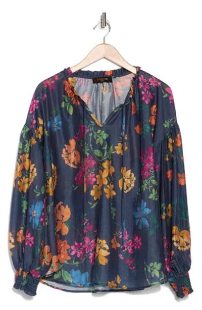 RENEE C RENEE C FLORAL RUFFLE TIE NECK LONG SLEEVE TOP