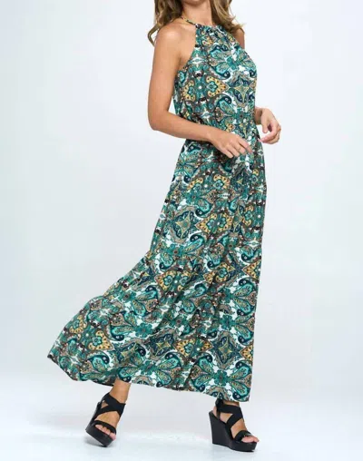 RENEEC. PRINT HALTER NECK DRESS IN GREEN