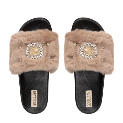 RETTROSE WOMEN'S BLACK / BROWN AUBREY BLACK  LUXURY PLUSH DIAMANTÉ EMBELLISHED HANDMADE SLIDERS