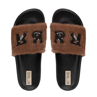 RETTROSE WOMEN'S BLACK / BROWN TRUVI CHOCOLATE  LUXURY PLUSH DIAMANTÉ EMBELLISHED HANDMADE SLIDERS