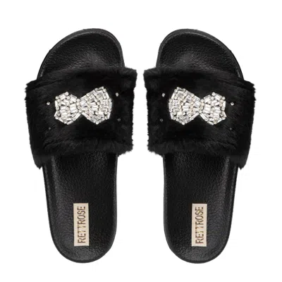 RETTROSE WOMEN'S BLACK AVA NOIR LUXURY PLUSH DIAMANTÉ EMBELLISHED HANDMADE SLIDERS