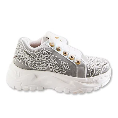 RETTROSE WOMEN'S GREY ISKA LUXURY SILVER SATIN HANDMADE EMBELLISHED TRAINERS