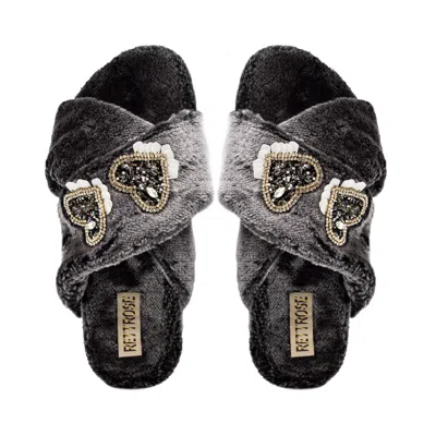 RETTROSE WOMEN'S GREY KATIE CHARCOAL LUXURY PLUSH DIAMANTÉ HEART EMBELLISHED HANDMADE SLIPPER