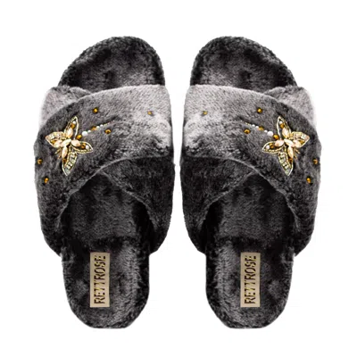 RETTROSE WOMEN'S GREY SOFIA CHARCOAL LUXURY PLUSH DIAMANTÉ EMBELLISHED HANDMADE SLIPPER
