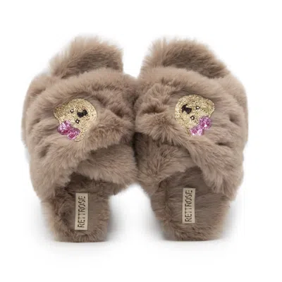 RETTROSE WOMEN'S NEUTRALS ROXY MINK LUXURY PLUSH DIAMANTÉ EMBELLISHED HANDMADE SLIPPER