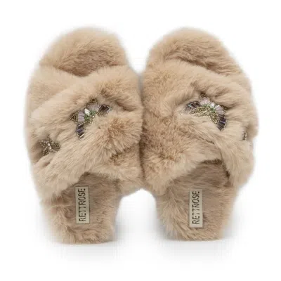 RETTROSE WOMEN'S NEUTRALS SADIE MINK LUXURY PLUSH DIAMANTÉ EMBELLISHED HANDMADE SLIPPER