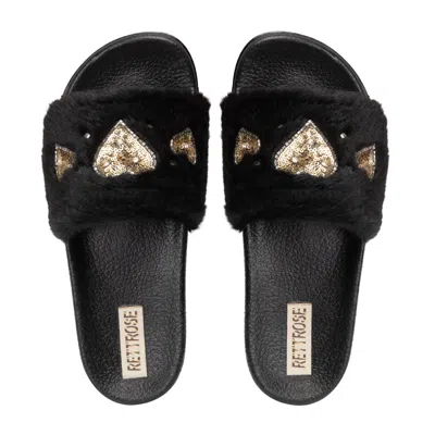 RETTROSE WOMEN'S ELLA  BLACK  LUXURY PLUSH DIAMANTÉ EMBELLISHED HANDMADE SLIDERS
