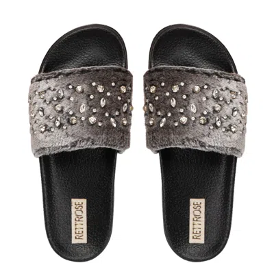RETTROSE WOMEN'S SIENNA BLACK  LUXURY PLUSH DIAMANTÉ EMBELLISHED HANDMADE SLIDERS