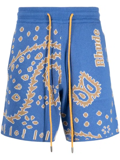RHUDE BANDANA-INTARSIA "LIGHT BLUE/TAN/CREME" KNITTED SHORTS