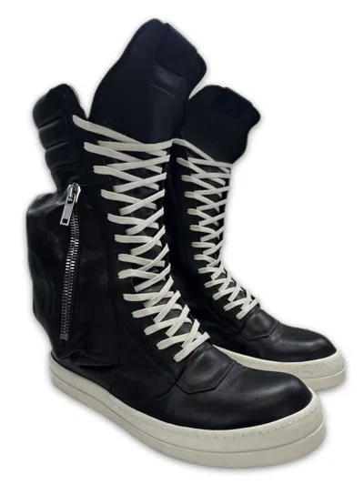 RICK OWENS 2010S RICK OWENS BLACK LEATHER ‘CARGOBASKET’ HI-TOP SNEAKERS