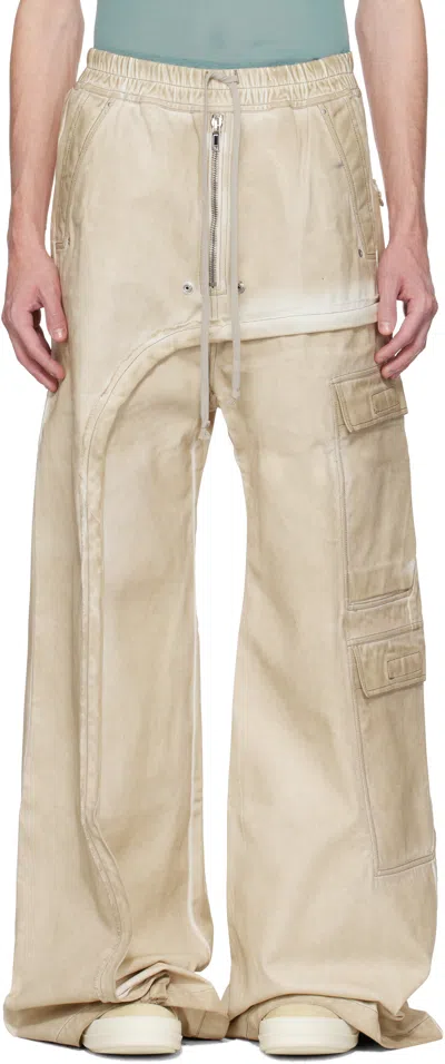 RICK OWENS DRKSHDW BEIGE HOLLYWOOD IMBALANCED DOUBLE CARGO JUMBO BELAS DENIM PANTS