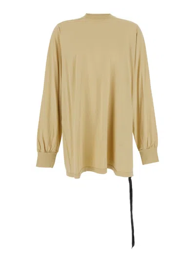 RICK OWENS DRKSHDW 'JUMBO' BEIGE CREWNECK T-SHIRT WITH TONAL LOGO PATCH ON THE FRONT AND DRAWSTRING DETAIL ON THE WAIST