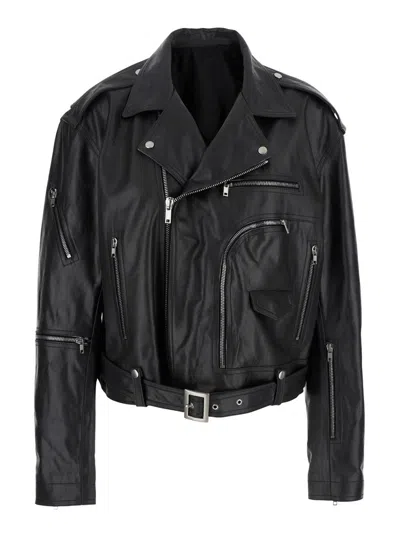 RICK OWENS 'JUMBO' BLACK CROPPED JACKET WITH NOTCHED REVERS AND WAIST BELT IN LEATHER WOMAN