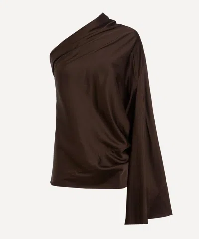 RICK OWENS RICK OWENS WOMEN'S MAHOGANY ONE-SHOULDER DRAPED SATIN TOP