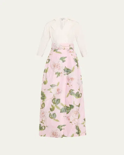 RICKIE FREEMAN FOR TERI JON FLORAL-PRINT FAILLE TAFFETA SHIRT GOWN