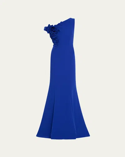 RICKIE FREEMAN FOR TERI JON ONE-SHOULDER FLORAL APPLIQUE CREPE MERMAID GOWN