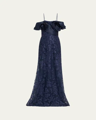 RICKIE FREEMAN FOR TERI JON SEQUIN EMBROIDERED ORGANZA & TULLE GOWN