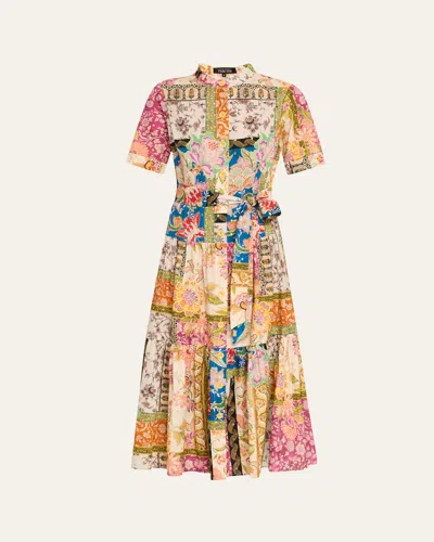 RICKIE FREEMAN FOR TERI JON TIERED PATCHWORK FLORAL-PRINT MIDI SHIRTDRESS