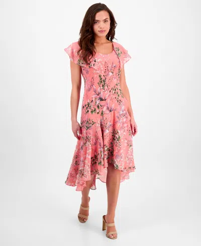 ROBBIE BEE PETITE FLORAL FLUTTER-SLEEVE MIDI DRESS