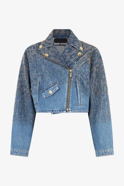 ROBERTO CAVALLI CROPPED JACKE AUS DENIM MIT STRASS