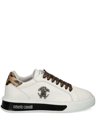 ROBERTO CAVALLI MIRROR SNAKE-PLAQUE LEATHER SNEAKERS
