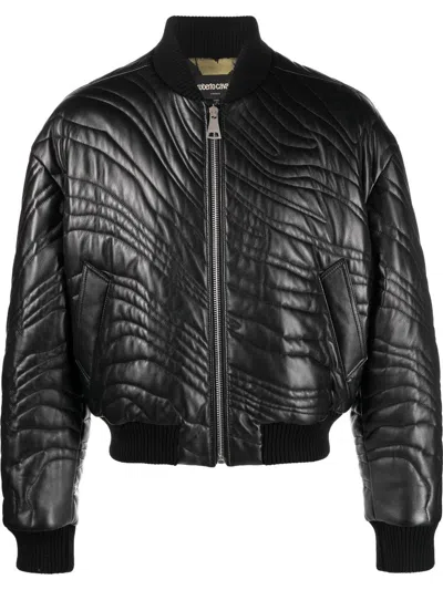 ROBERTO CAVALLI STRIPE-QUILTED LEATHER BOMBER JACKET