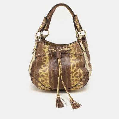 ROBERTO CAVALLI YELLOW/BROWN FOIL LEATHER AND KARUNG LEATHER TASSEL DRAWSTRING HOBO