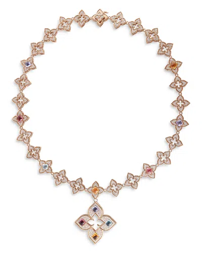 ROBERTO COIN 18K ROSE GOLD VENETIAN PRINCESS CARNIVAL MULTI GEMSTONE & DIAMOND FLOWER PENDANT STATEMENT NECKLACE,