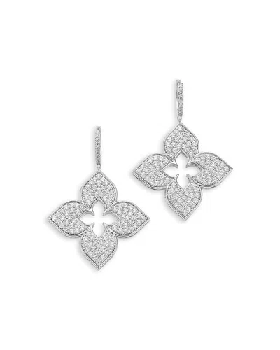 ROBERTO COIN 18K WHITE GOLD VENETIAN PRINCESS DIAMOND PAVE QUATREFOIL DROP EARRINGS